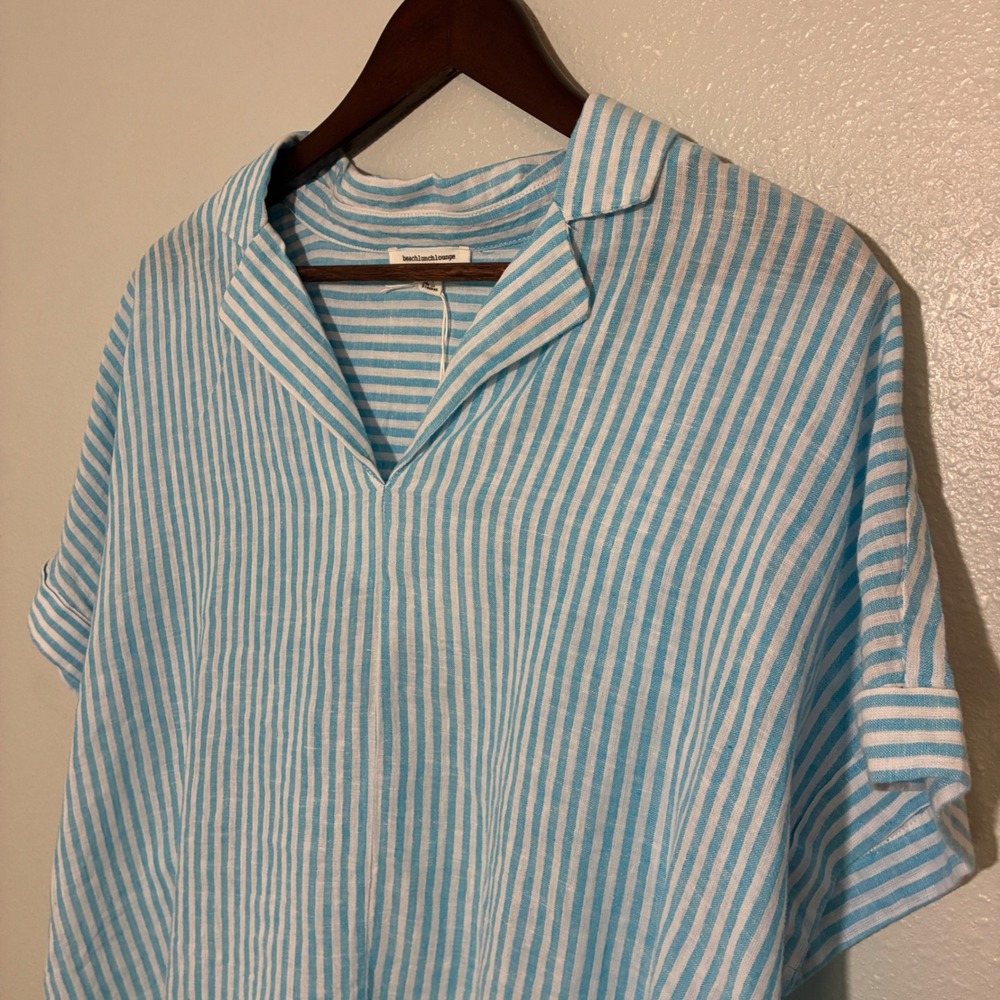 Beachlunchlounge Boutique Shirt Pale Turquoise Linen Blend Striped Top Large NWT